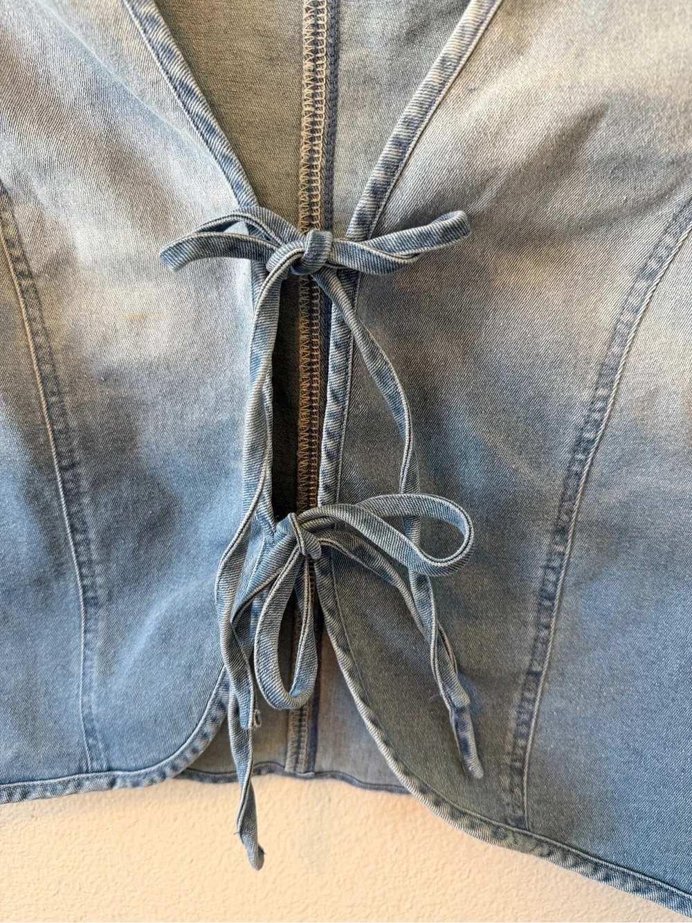 Denim Tie Front Cropped Vest Light Wash Layering Plus Size Bow Coquette Festival